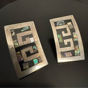 Vintage Taxco Mexico 925 Sterling Silver Abalone Inlay Geometric Earrings